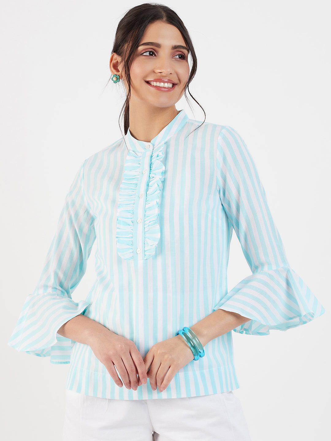 RUFFLE PLACKET FLARED CUFF SLEEVE BLOUSE