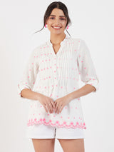 SPLIT NECK EMBROIDERY PINTUCK TOP