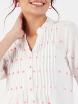 SPLIT NECK EMBROIDERY PINTUCK TOP