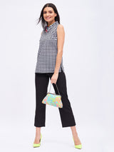GINGHAM RUFFLE NECK TRIM TOP
