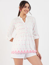 SPLIT NECK EMBROIDERY PINTUCK TOP