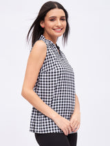 GINGHAM RUFFLE NECK TRIM TOP