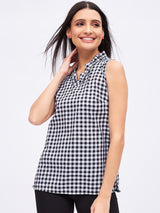 GINGHAM RUFFLE NECK TRIM TOP