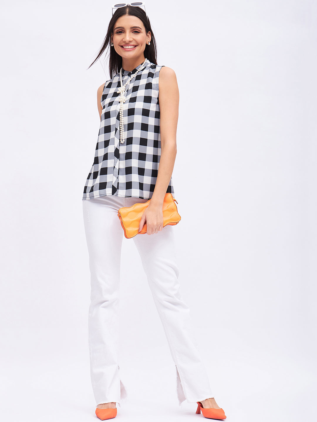 PRINTED CHECK SLEEVELESS TOP