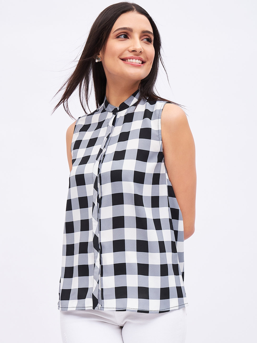 PRINTED CHECK SLEEVELESS TOP