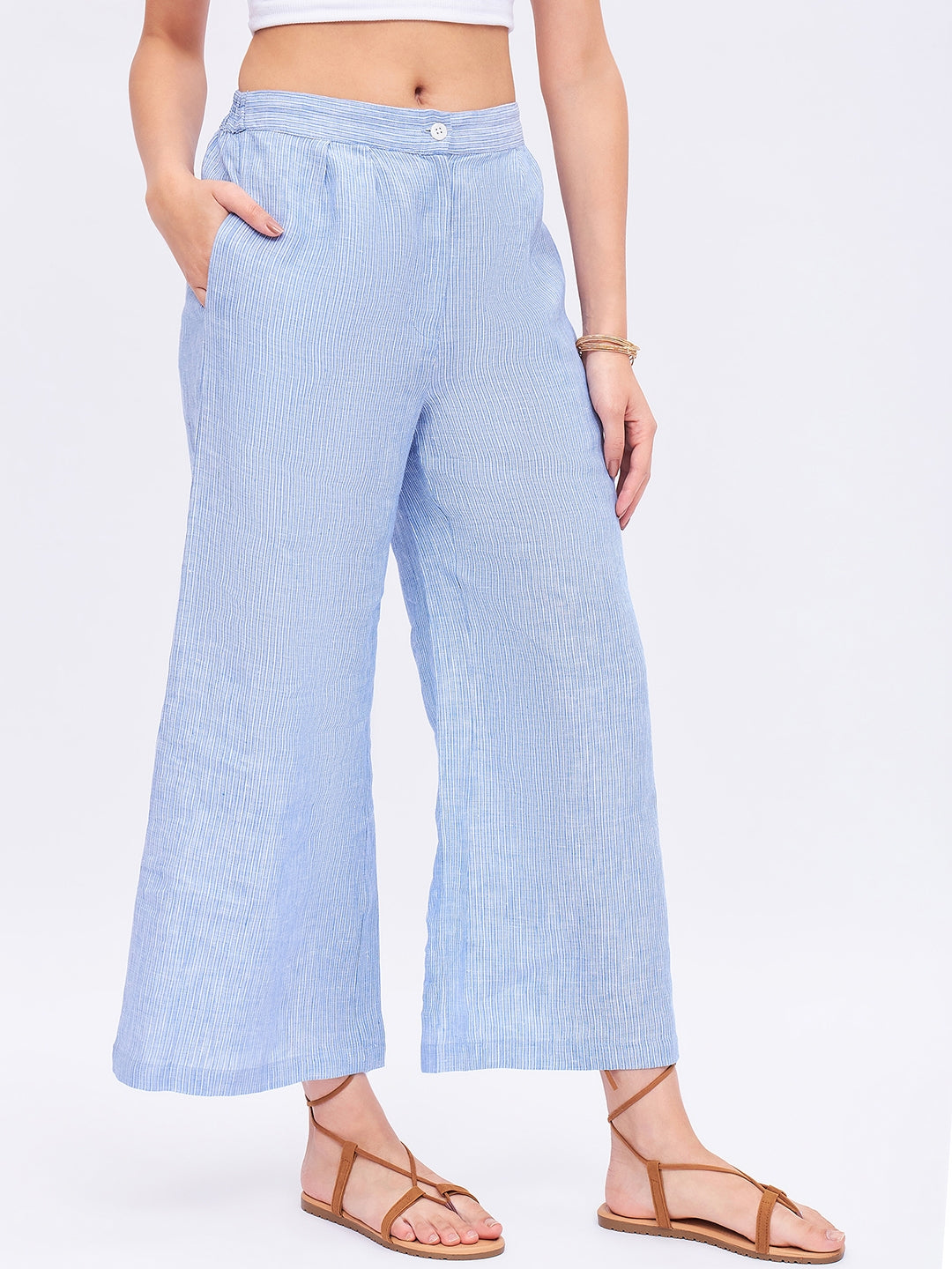 STRIPE LINEN WIDE LEG CROP PANTS