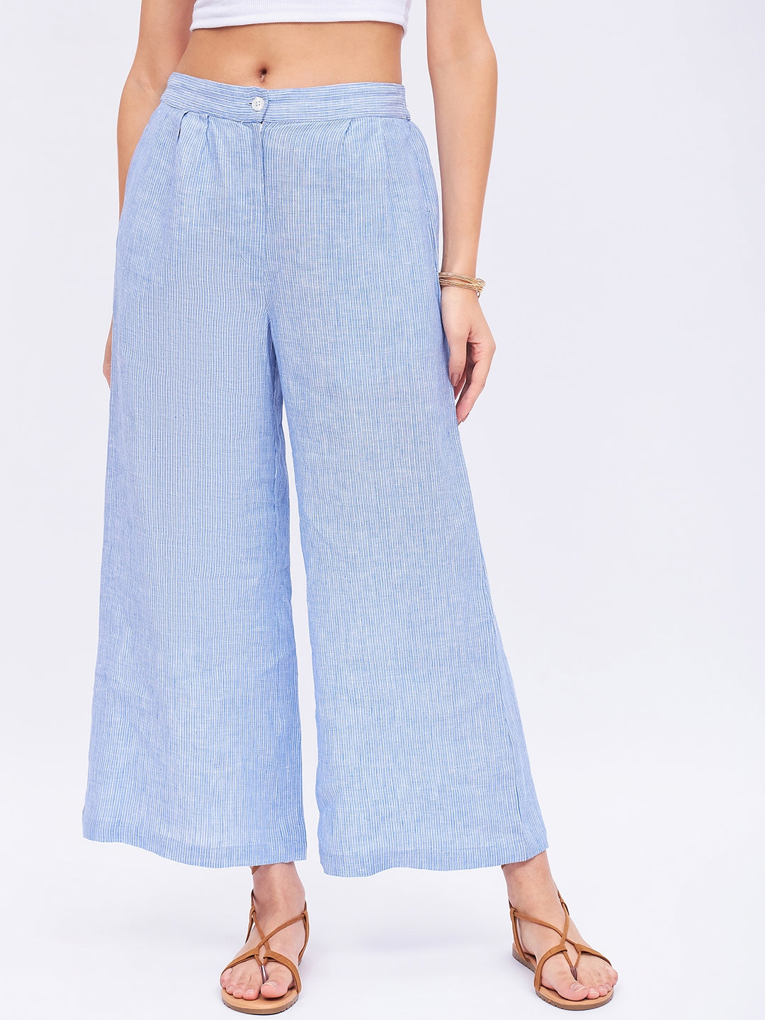 STRIPE LINEN WIDE LEG CROP PANTS